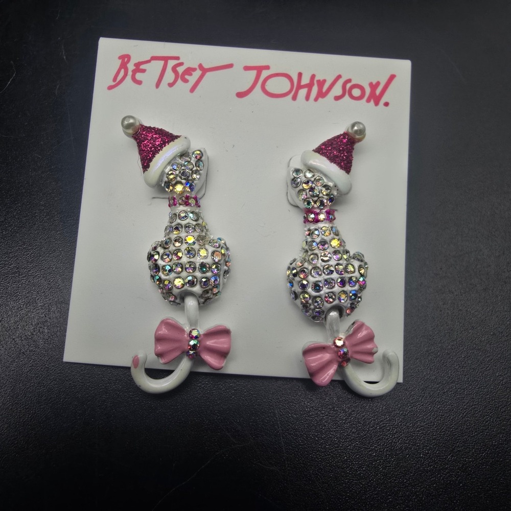 Betsey Johnson Christmas Cat Earrings Rhinestone Enamel NWT